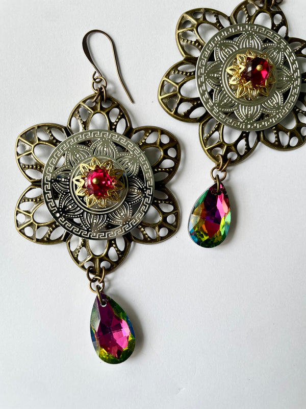 Black Rainbow Moon Flower Earrings