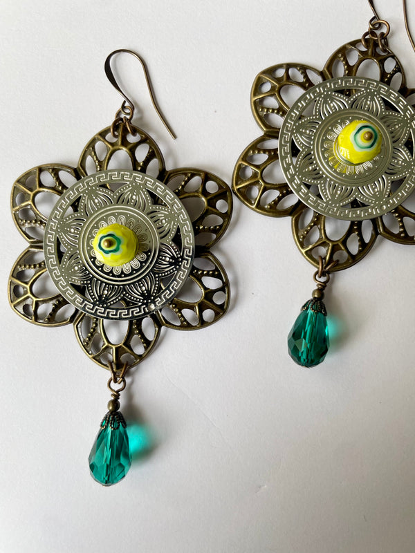 Teal and Periwinkle Moon Flower Earrings