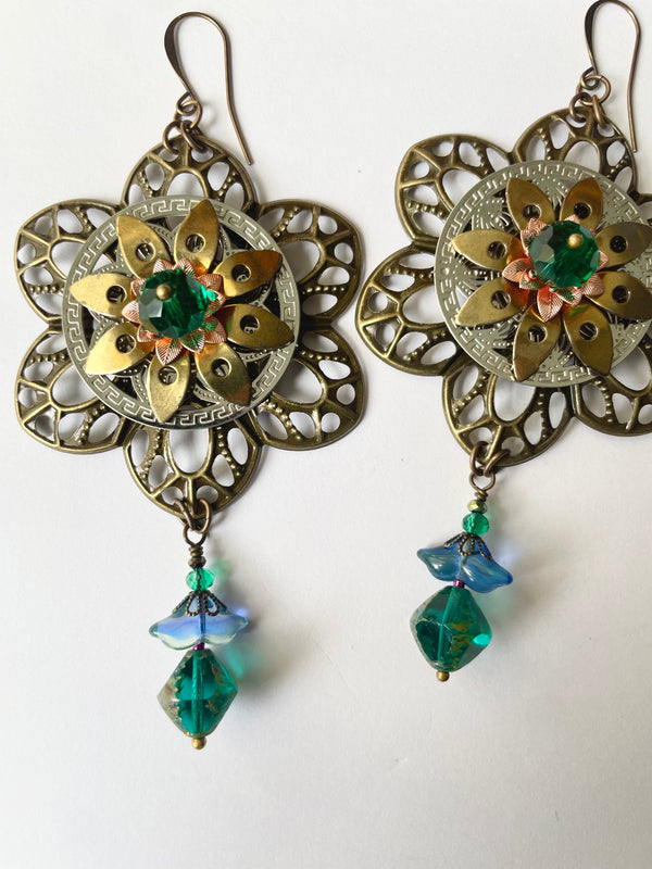 Green and Blue Moon Flower Earrings