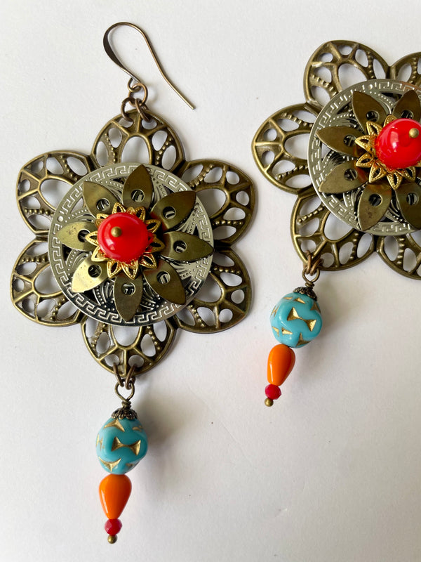 Turquoise and Orange Moon Flower Earrings